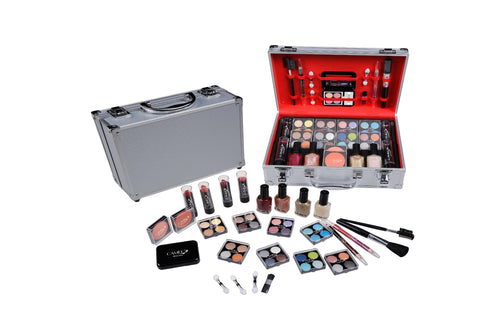 SILVER CARRY ALL MAKEUP TRAIN CASE KIT