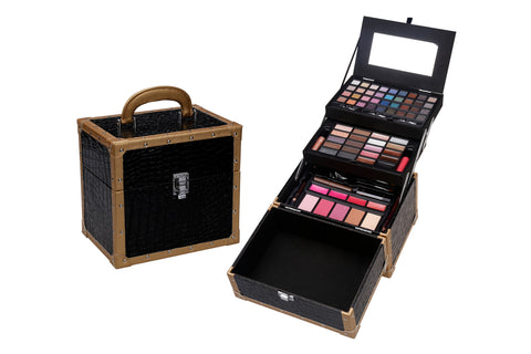 BLACK LEATHER DELUXE 3 LAYER JEWELRY BOX MAKEUP KIT